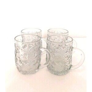 Vintage Luminarc France Clear Glass Poinsettia Mugs Set of 4 Christmas Embossed